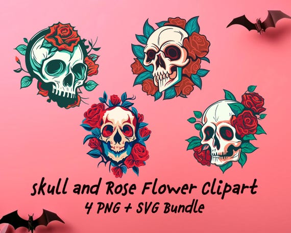 Gothic Skull Rose Clipart Set | Tattoo Style Floral Graphics (PNG, SVG)