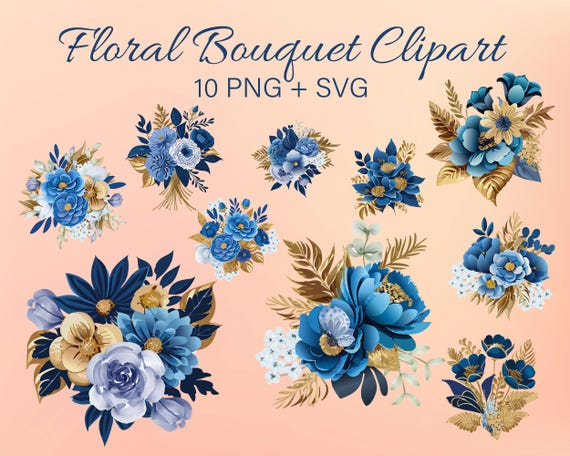 Blue Floral Bouquet Clipart PNG SVG Bundle | Watercolor Flower Clipart | Wedding Flowers