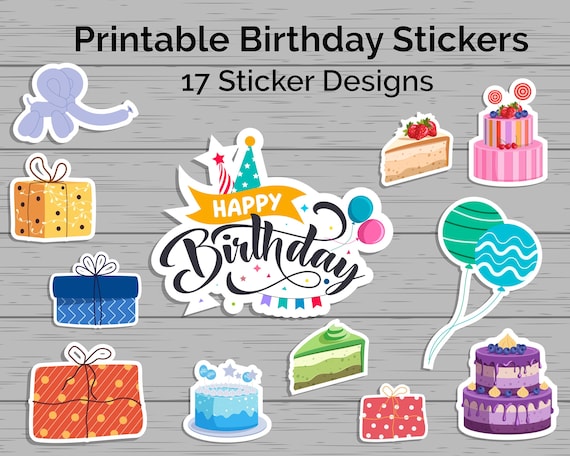 Birthday Greetings Stickers Clipart Set | Cake & Gift Stickers | Party Digital Download