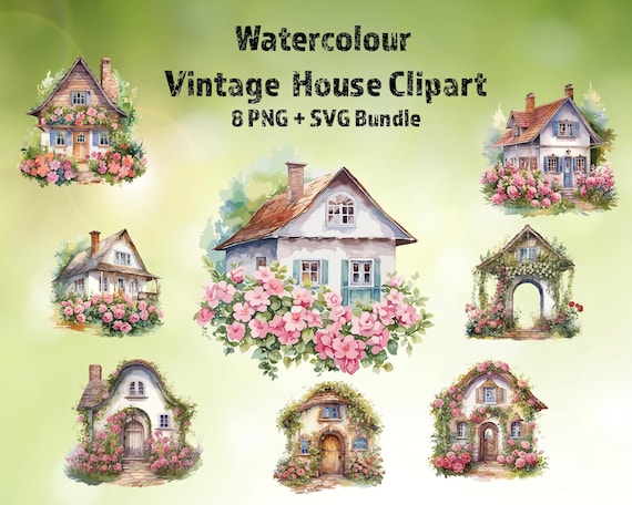 Watercolor Vintage House Clipart Set | Cottage Floral Houses PNG | Fairytale Cottage Illustration