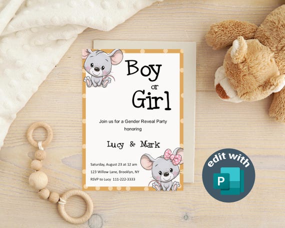 Editable Gender Reveal or Kids' Party Invitation Template – Cute Mouse Theme Printable | Unisex Cute Mouse Invitation | Pastel Party Invite