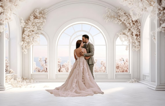 Bright & Elegant Floral Photography Background – White Arched Windows with Ocean View | Ethereal Photography Background with Flowers