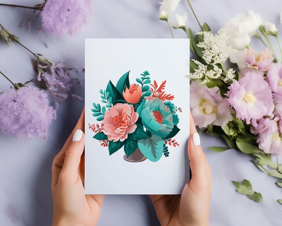 Turquoise and Coral Floral Bouquets Clipart Set | Elegant Flower PNG & SVG Bundle | Digital Download