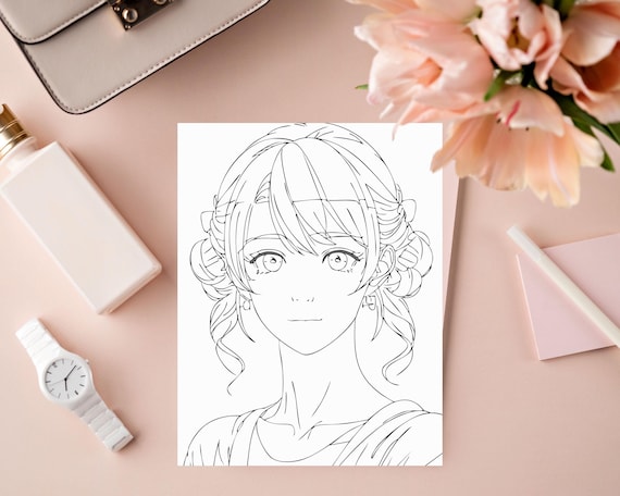 8 High-Quality Japan Anime Style Female Face Colouring Pages | Digital Anime Colouring Pages | Manga-inspired Colouring Sheets