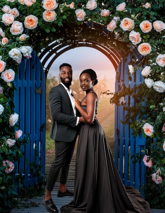 Fine Art Romantic Portrait Photography Digital Background - Blue & Peach Rose Arch | Romantic Portrait Photography Backdrop