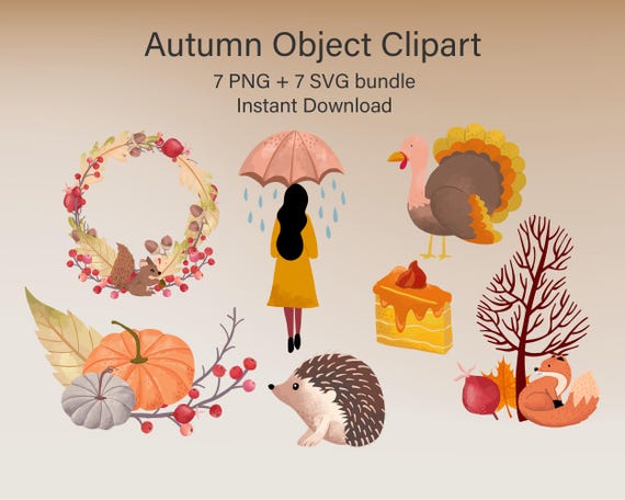 Autumn Clipart Bundle | Fall PNG SVG, Thanksgiving Illustrations