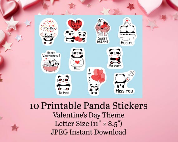 Baby Panda Valentine Stickers Sheet | Kids Love Clipart (Digital Download)