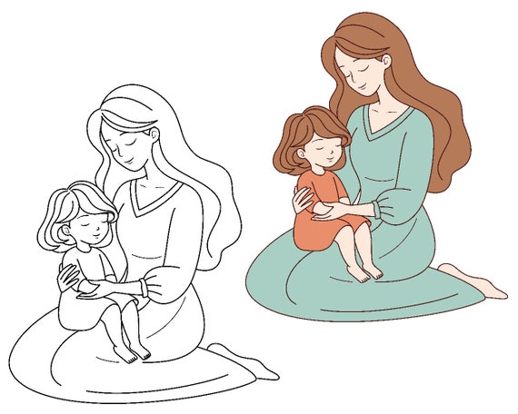 Heartwarming Mother's Day Colouring Page: Mother and Kids Bonding | Mother and Kids Colouring Sheet | Family-themed Colouring Pages