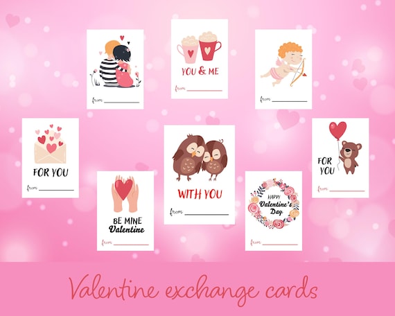 Valentine Exchange Cards | Printable Classroom Valentines | Hearts, Cupids, Owls & Couples | Kids Party Cards