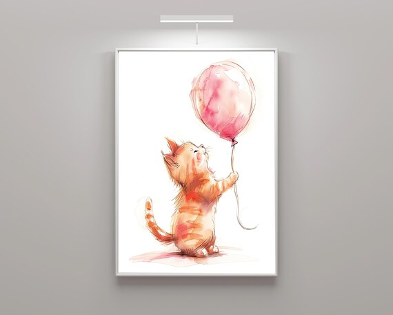 Orange Cat with Balloon Art Print | Whimsical Kitten Digital Painting | Digital Download