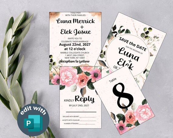 Editable Elegant Wedding Favour Kit with Romantic Floral Design | Invitations, Save the Date, Table Numbers & Reply Cards