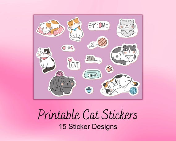 Cartoon Kitty Stickers | Printable Planner, Scrapbook Decals (Digital Download)