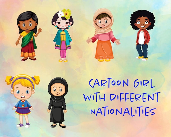 Cartoon Girl with Different Traditional Outfit Clipart | Cultural Character PNG & SVG Bundle | Digital Download