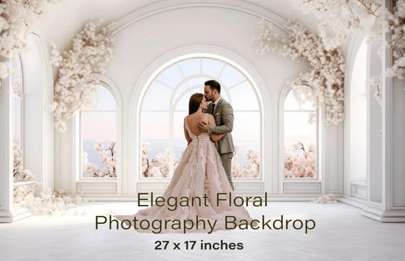 Elegant White Floral Window Backdrop | Luxury Arched Window Photo Background | Digital Download