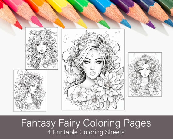 Enchanting Fairy Colouring Pages | Floral Fairy Set | Fantasy Woman Sheet
