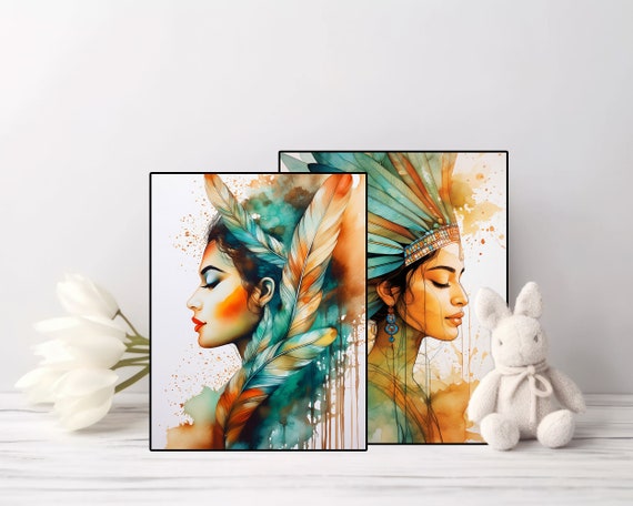 Enhance Your Space with Set of 2 Multi-Coloured Art Pieces – Native Lady with Traditional Hairpiece | Soft Pastel Colour Palette