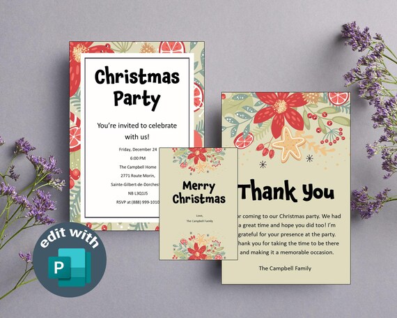 Editable Christmas Party Invitation, Thank You Card & Wine Label Set | Printable Holiday Favour Bundle | Christmas Party Favour Printables