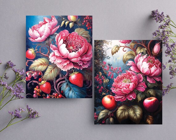 Victorian Floral Elegance: Set of 2 Vibrant Wall Art Prints with Fruit Accents | Fruit and Flower Wall Decor | Vintage-inspired Home Decor