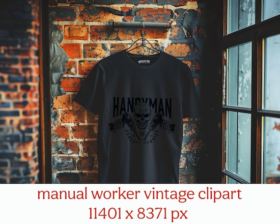 Manual Worker Vintage Clipart | Handyman Skull SVG PNG | Retro Workwear T-Shirt Design