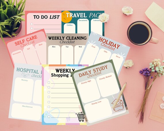 Stay Organized with Printable 8-Checklist Bundle | Productivity Checklist Pack | Task Management Tools | Goal-setting Worksheets