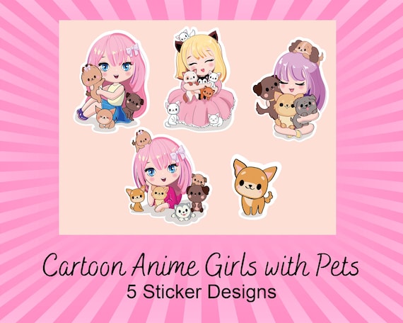 Kawaii Anime Girl & Pet Stickers: Pastel Printable Sheet (Digital Download)