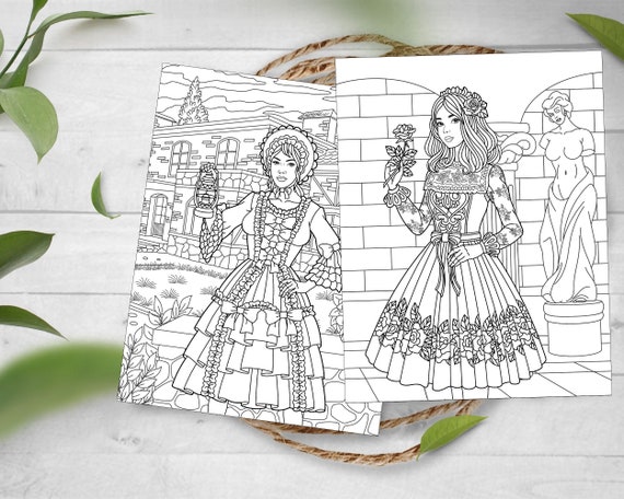 Vintage Lady Colouring Pages – Elegant Printable Adult Colouring Sheets | Relaxation PDF Download
