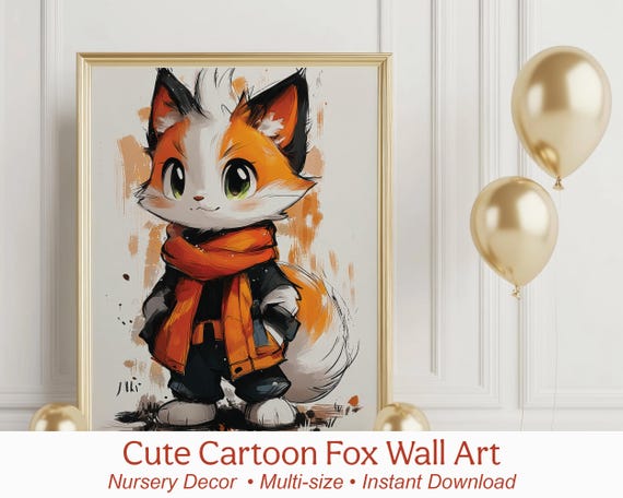 Cartoon Fox Wall Art | Fox Illustration with Orange Scarf | Nursery Animal Printable