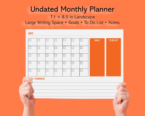 Printable Monthly Planner | Undated Monthly Calendar | 11x8.5 Planner | Monthly Organizer | Instant Download