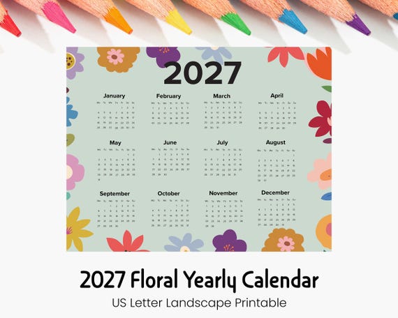 2027 Printable Calendar, Floral Calendar 2027, Yearly Wall Calendar, Flower Calendar, Printable Wall Art, US Letter Landscape
