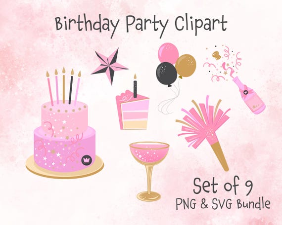 Pink Birthday Clipart Set | Cake, Balloons, Champagne Graphics (Digital Download)