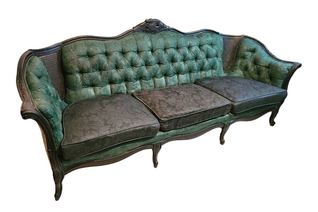 Vintage French Provincial Victorian Goth Green Side Caned Sofa With 1 Black Faux Fur Seat Cushion Cover Etsy