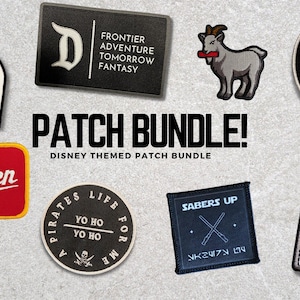 May include: A collection of embroidered patches featuring various designs including a Disney Broke Club patch, a Frontier Adventure Tomorrow Fantasy rectangle, a goat, a Mickey & Co. circle, a red McQueen patch, a pirate circle, a Sabers Up square, and a Jack Skellington playing card.