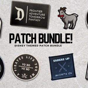 May include: A collection of Disney-themed embroidered patches. The patches feature various designs, including Mickey Mouse, Minnie Mouse, and phrases like "Disney Broke Club." The patches are in various shapes and sizes, with black, white, and red colors.