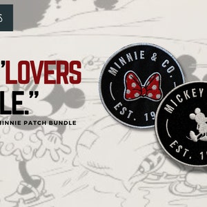 May include: Two black and white embroidered patches featuring Mickey Mouse and Minnie Mouse. The Mickey Mouse patch says "Mickey & Co. Est. 1928". The Minnie Mouse patch says "Minnie & Co. Est. 19".