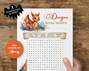 Sofortiger Download, Drache Wortsuchspiel, mittelalterliches Thema, zu Hause drucken Wort Puzzle für Kinder und Erwachsene, Aquarell, herunterladbare PDF