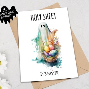 Digitale Karte, Sofort Download, Holy Sheet It's Easter Grußkarte, Druck zu Hause, Osterhase, Geisterjäger, lustig, gruselig süß