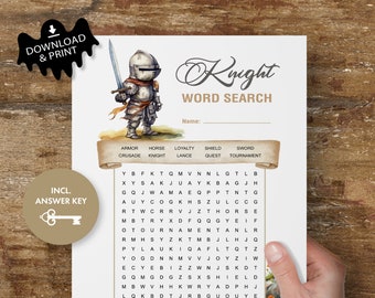Sofortiger Download, Ritter Wortsuchspiel, mittelalterliches Thema, zu Hause drucken Wort Puzzle für Kinder und Erwachsene, Aquarell, herunterladbare PDF