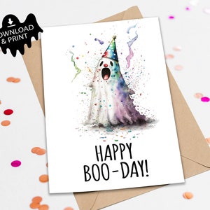 Digitale kaart, Instant Download, Funny Happy Boo-Day wenskaart, print thuis, Confetti Verjaardag, Ghost Hunter, paranormaal, griezelig schattig