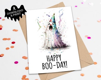 Digitale Karte, Instant Download, lustige Happy Boo-Day Grußkarte, Druck zu Hause, Konfetti Geburtstag, Geisterjäger, paranormal, gruselig niedlich