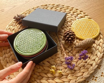 Flower of Life Ceramic Coasters | Hand-Painted Set of 4