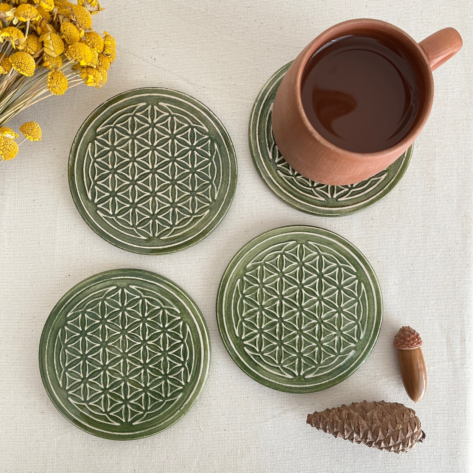 Green Ceramic Coasters | Set of 4 Green