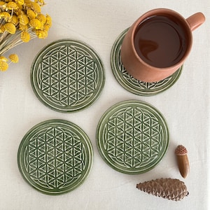 Green Ceramic Coasters | Perfect for Thanksgiving Dinner | Set of 4 or Individual | Fall Table Decor