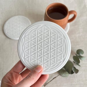 Handmade White Ceramic Coasters Set: Boho Coffee Table Decor