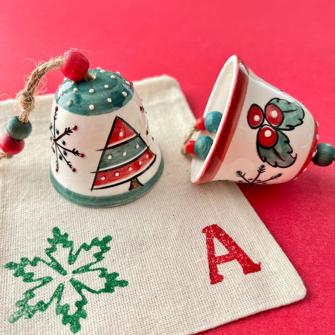 Christmas Tree Ceramic Bell Ornament With Personalized Initial Gift Bag