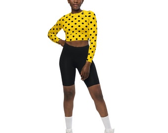 Yellow Polka Dot Recycled Long Sleeve Crop Swim Top Rash Guard Upf 50+