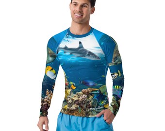 Mens Shark Reef Athletic Fit Premium Rash Guard Upf 50+