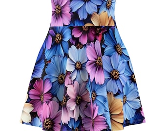 Cosmo Flower Skater Skirt, Colorful Women&#39;s Floral Mini, Summer A-Line Flare, Fashionable Circle Skirt, Trendy Festival Outfit