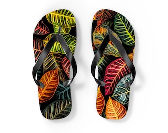 Tropical Plant Flip Flops, Beach Sandals, Summer Footwear, Floral Slippers, Vacation Shoes, Botanical Print