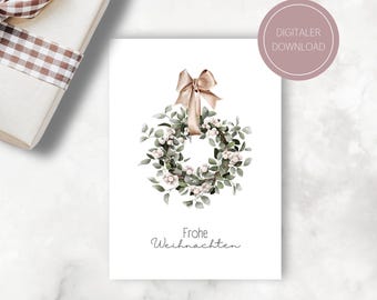 Postkarte zum Drucken - Frohe Weihnachten - Kranz - Digitaler Download PDF