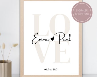Poster Love personalized with name and date / wedding gift / Valentine's Day